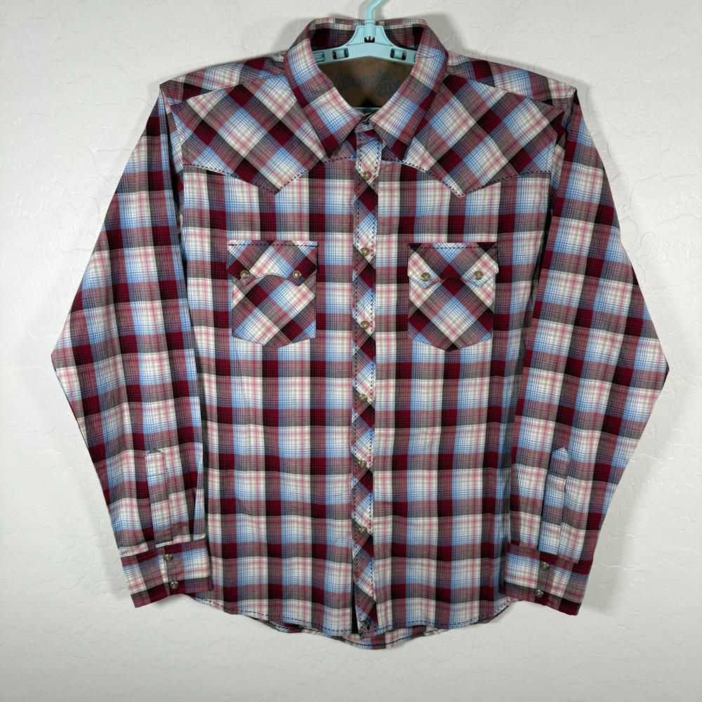 Wrangler 20x Shirt Mens XL Red Blue Pearl Snap Cowboy Western Sawtooth Retro